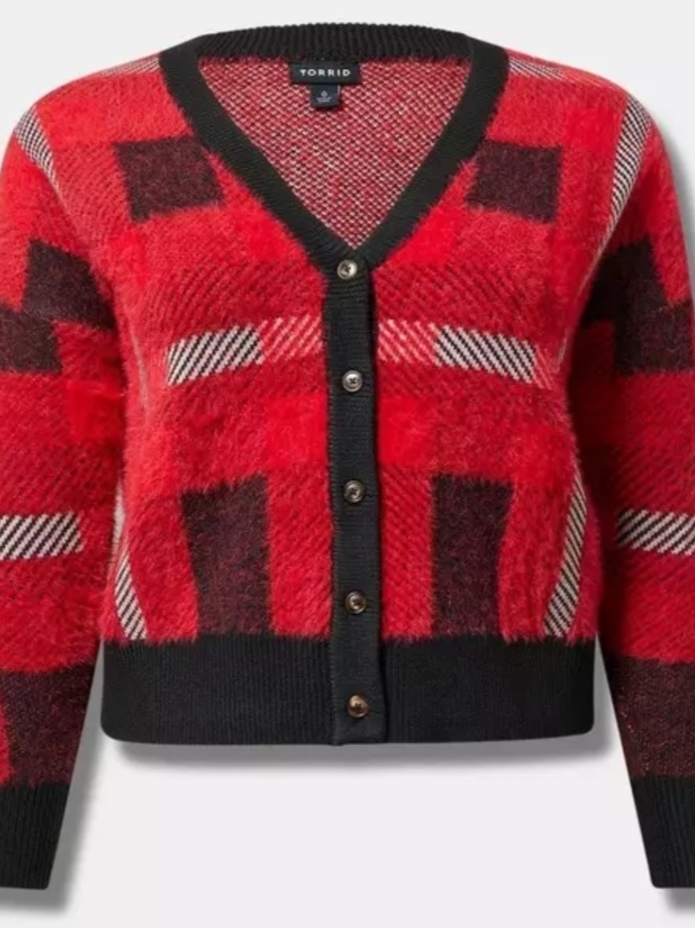 torrid Red and Black Plaid V-Neck Button Cardigan